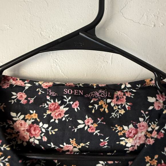 So-En Shirt Large Black Pink Floral Button Up Short Sleeve Japanese Peasant - Picture 4 of 7